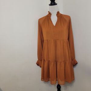 1 State Orange Long Sleeve‎ Mini Dress XS Sheer Sleeves Tiered Boho